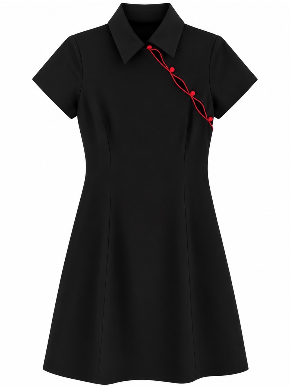 De La Vali Black Short-Sleeve A-Line Dress with Red Trim